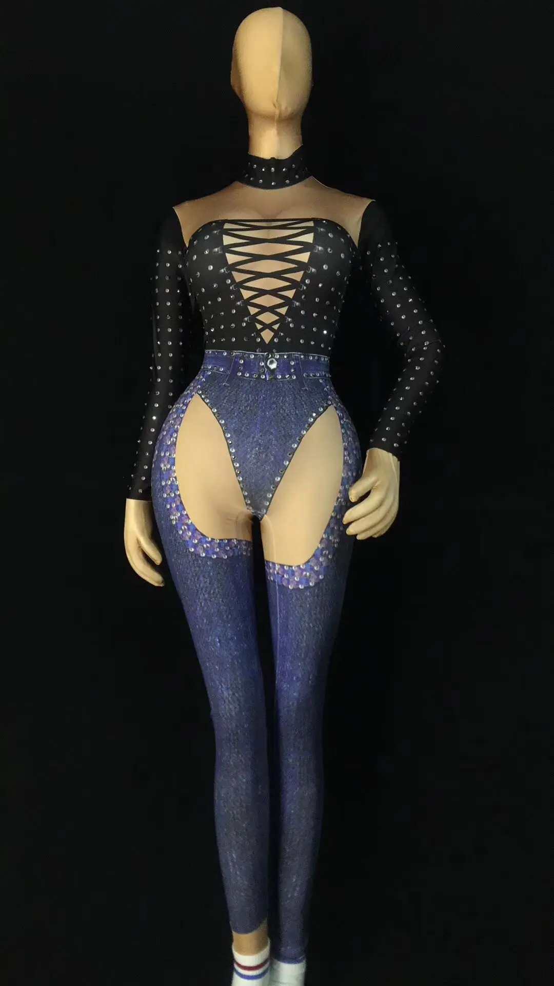 

Women New Sexy Jeans Bandage Pattern Jumpsuit Singer Stage Costume Leotard Nightclub Party Celebrate Stretch Printing Jumpsuit