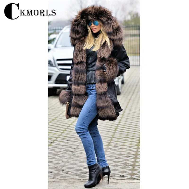 CKMORLS Real Raccoon Fur Coat Women Parka Clothes 2018 Winter Outerwear Lady Casual Black Jacket Collar Warm Harajuku Parkas | Женская
