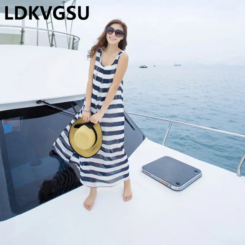 Женское богемное платье без рукавов Свободное длинное пляжное в синюю полоску из