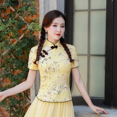 yellow jacket Sheng Coco 3XL 4XL вишневые рубашки Cheongsam блузка желтый цветочный принт Элегантные классические женские топы Ципао китайский стиль - Цвет: yellow jacket