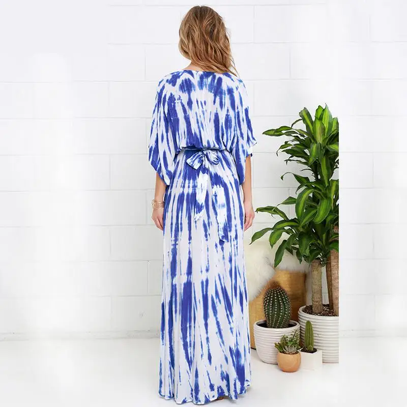 New Style Summer Beach Tunic Women 2018 Blue Printed Chiffon Dress Elegant Casual Loose Long Plus Size | Женская одежда