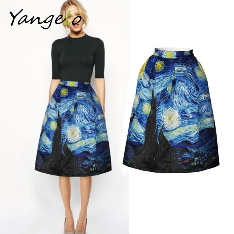 Юбка пачка в стиле ретро винтажная с высокой талией и объемным цифровым принтом