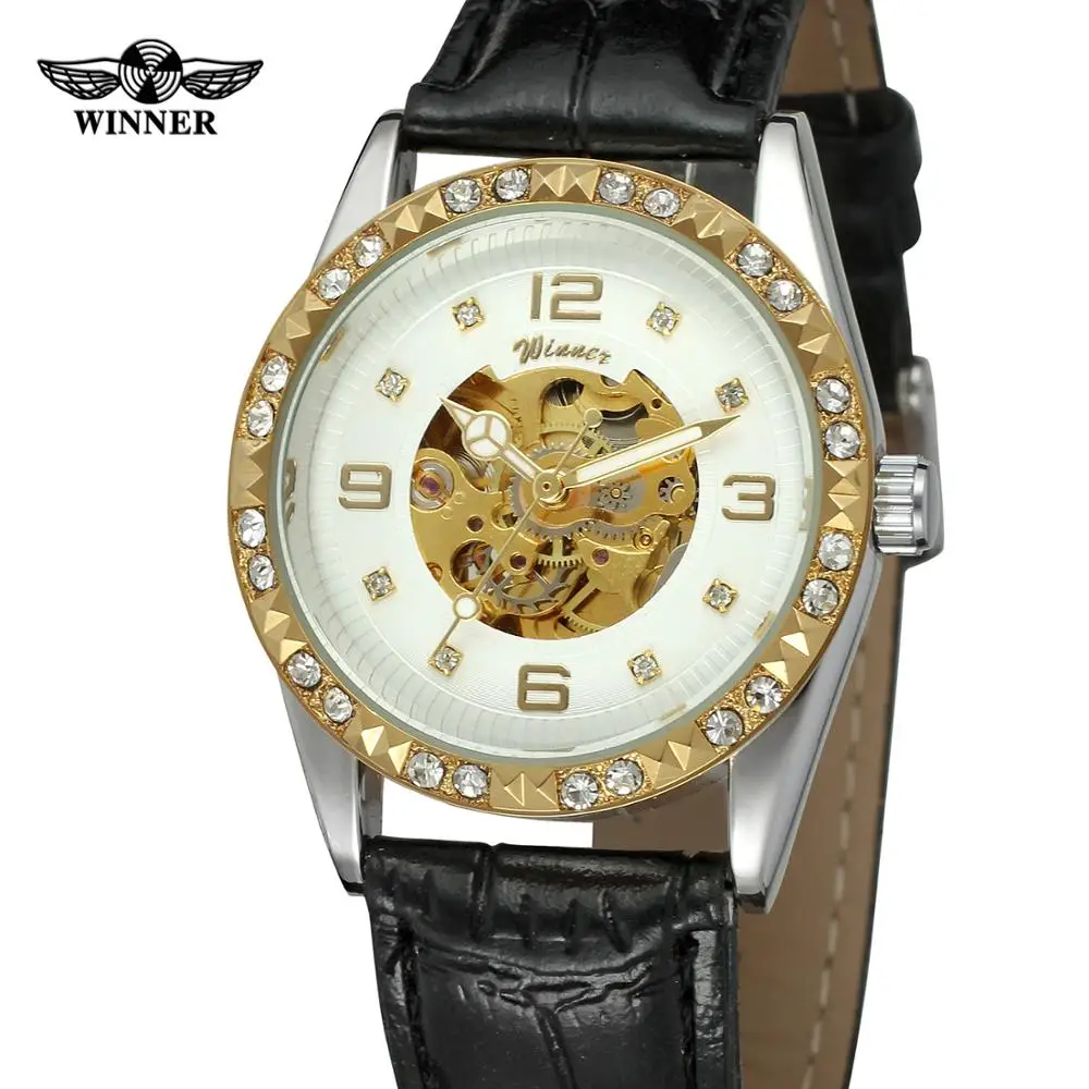 

Часы WINNER с золотым бриллиантом, с арабскими цифрами, черный кожаный ремешок, Мужские автоматические часы