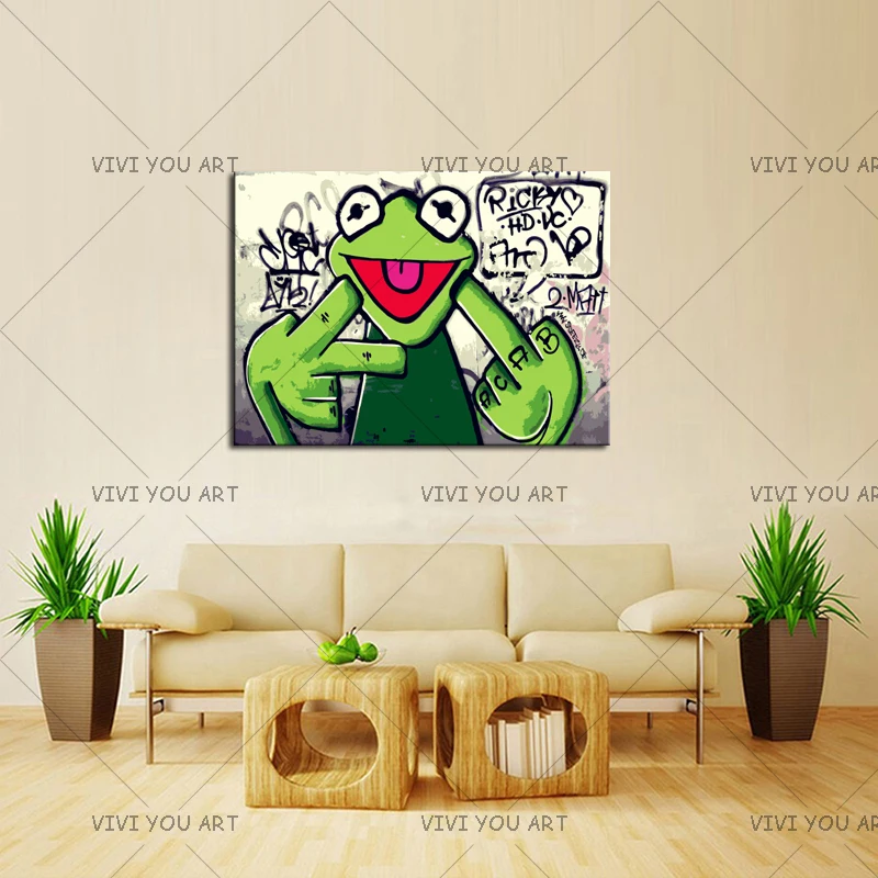 Уличные граффити искусство лягушка Kermit палец 100% ручная работа Холст Картина