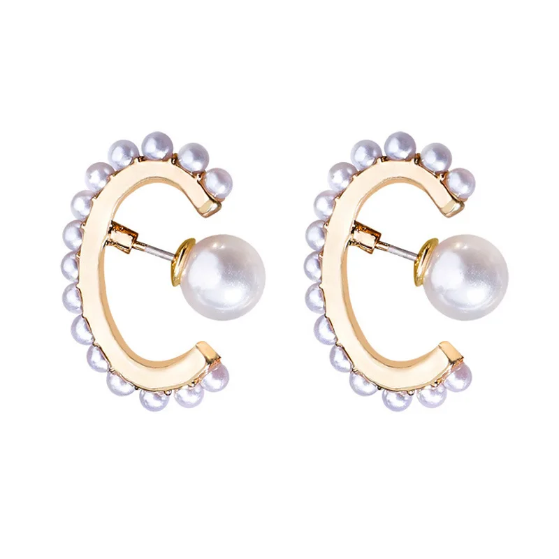 AOMU Korean Chic Style S925 Sterling Silver Pin Gold Metal Curved Wave Line Pearl Circle Earrings for Women Girl Jewelry Set