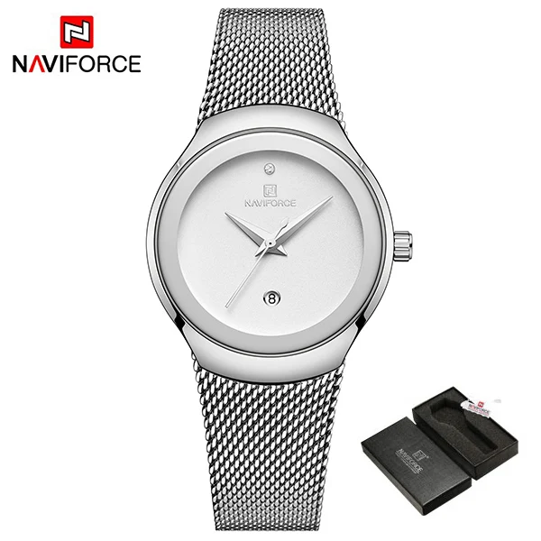 SilverWhiteBox NAVIFORCE женские часы модные женские наручные часы Роскошные Кварцевые часы Женские часы из нержавеющей стали с сетчатым браслетом Bayan Kol Saati - Цвет: SilverWhiteBox
