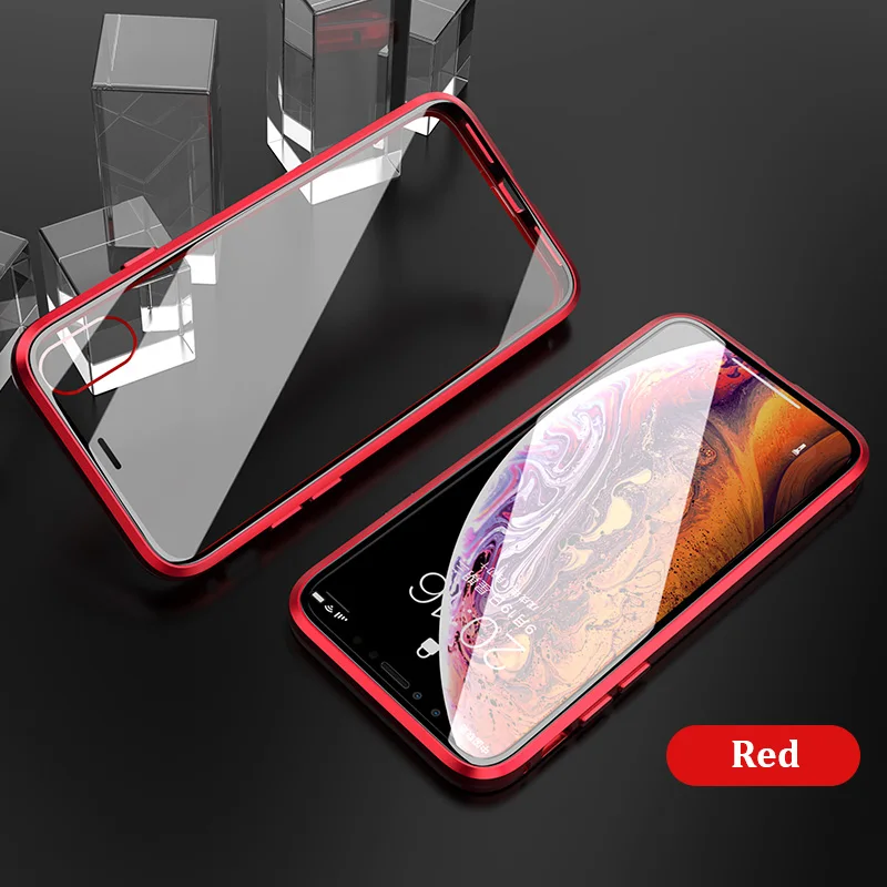 Переднее и заднее стекло Магнитный чехол для iPhone Xs MAX 360 Флип Роскошный металлический бампер прозрачный стеклянный чехол для iPhone 7 8Plus XR чехол флип - Цвет: Red