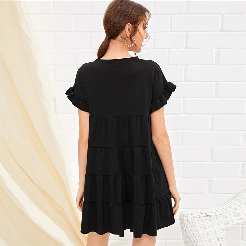 SHEIN черное однотонное платье с рюшами, женское летнее платье с круглым вырезом и высокой талией, Дамское короткое платье, свободное милое платье трапециевидной формы