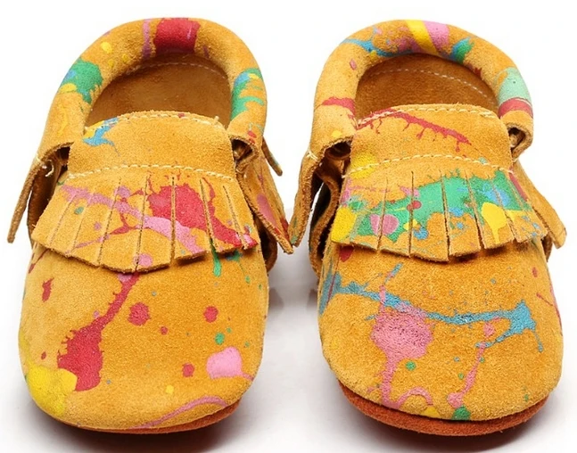 Детские замшевые мокасины с бахромой мягкая подошва Нескользящие граффити для