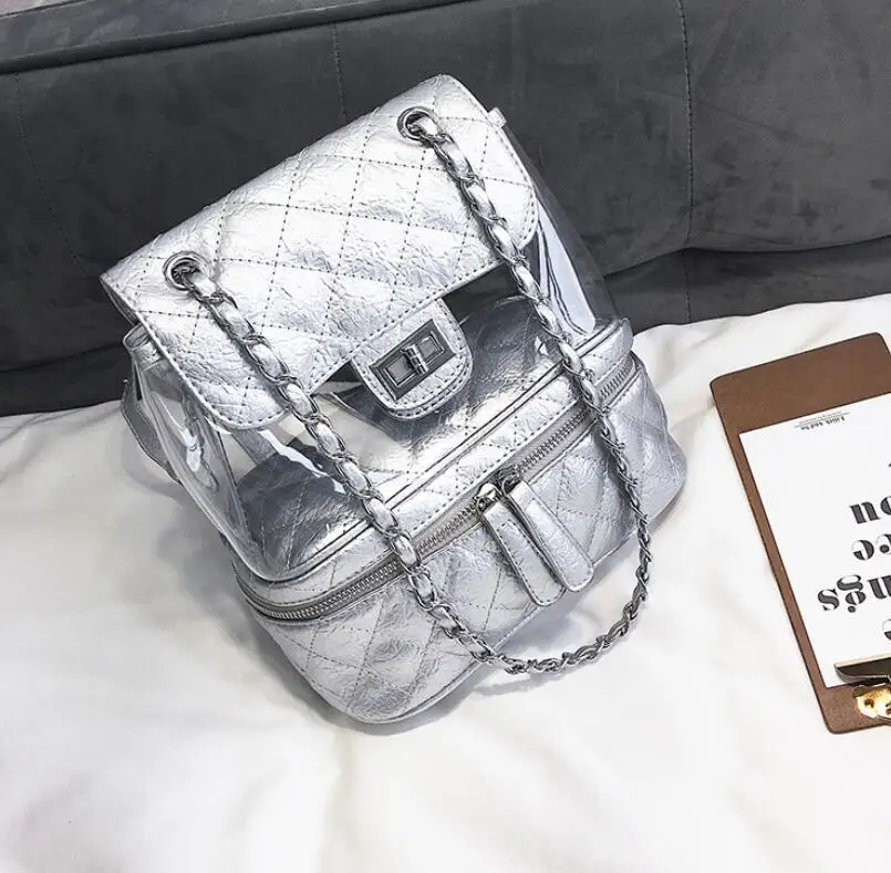 Silver Милый рюкзак для подростков прозрачный Рюкзаки Качество из искусственной кожи для женщин решетки цепи сумка школьные ранцы - Цвет: Silver