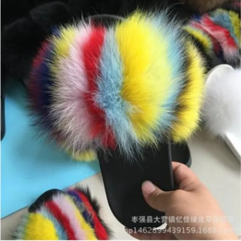 26 colors Fox Hair Slippers Women Fur Home Fluffy Sliders Plush Furry Summer Flats Sweet Ladies Shoes Size 45 Cute Pantufas | Обувь