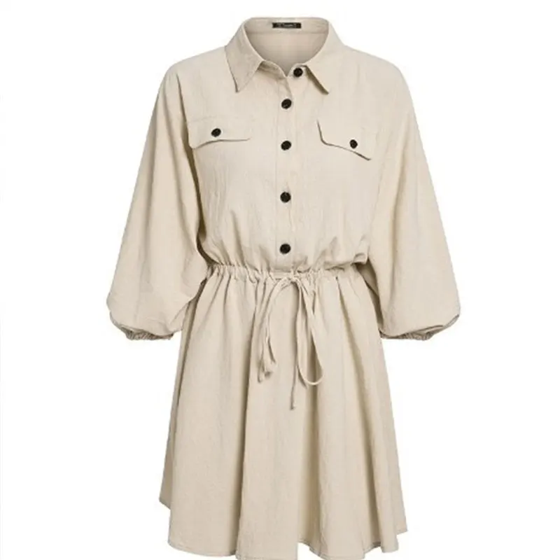 

DUPUPA Vintage button women dress shirt V neck short sleeve cotton linen short summer dresses Casual korean vestidos 2019 festa