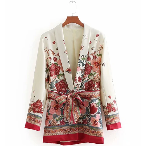 Floral Print GCAROL осень новое поступление женский открытый стежок цветочный блейзер с поясом куртки Зубчатый воротник костюм пальто Винтаж Верхняя одежда для дам - Цвет: Floral Print