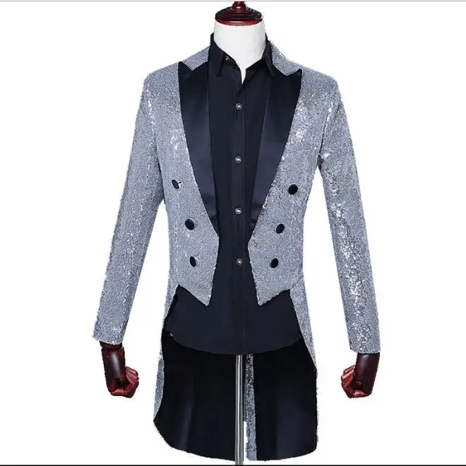 Silvery white Мужские команды хор хвосты Блейзер Пальто флэш блёстки фрак смокинг ведущий маг Выпускной сценическое шоу костюм пиджаки свадебное парадное платье - Цвет: Silvery white