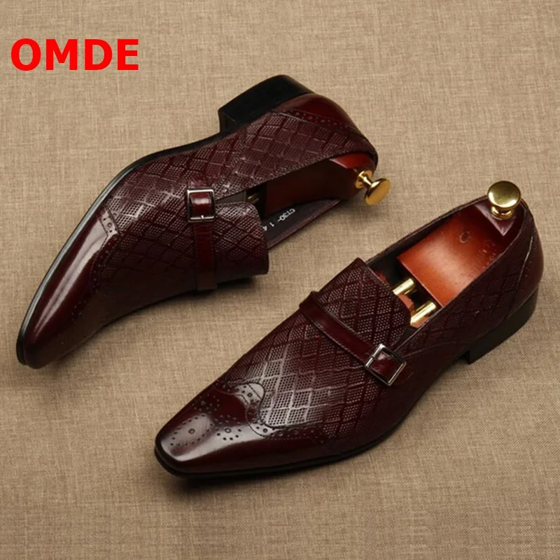 

OMDE Loafers Men Dress Shoes Pointed Toe Buckle Groom Wedding Shoes Men Office Shoes Slip On Genuine Leather Formal Shoes