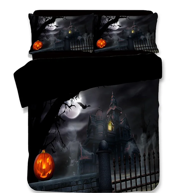

Gothic Halloween Bedding Twin Full Queen King Size Duvet Cover Set Black Cat Bat Skull Pumpkin Castle Broomstick Monster Decor