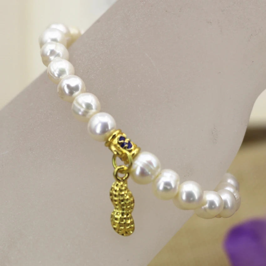 7-8 мм натуральный белый жемчуг круглые бусины браслеты Элегантный золотой цвет