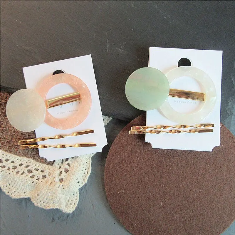1SET Korea Acetic Acid Hollow Geometric Round Shape Solid Color Hair Clips Women Birthday Hair Accessories