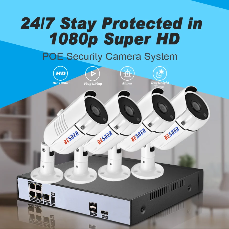 BESDER Full HD 1080P 48V 4CH PoE Kit Система видеонаблюдения с 4 уличными цилиндрическими IP