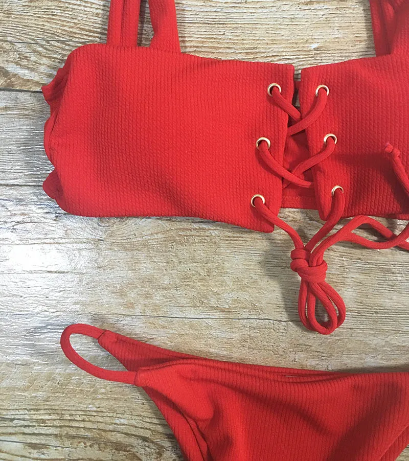 Женский купальник бикини с завязками и двойным плечевым ремнем в рубчик пляжная