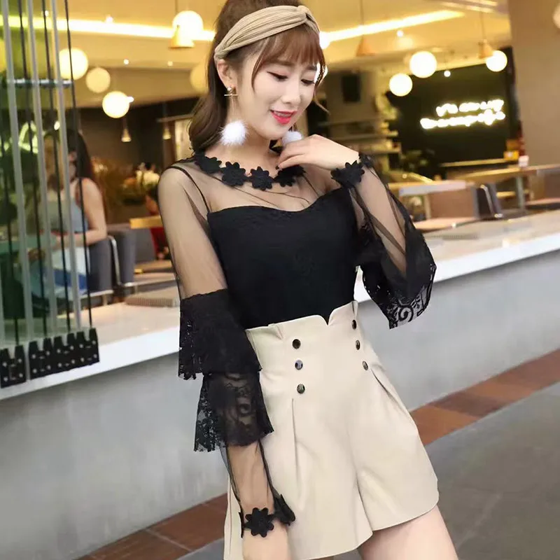 Женская ажурная сетчатая блузка летняя Милая Цветочная кружевная рубашка с