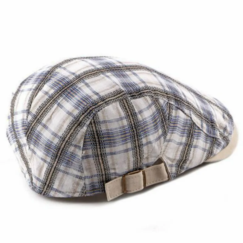 

Cotton Plaid Beret Hat For Men Adjustable Vintage Flat Cap Breathable Summer Grid Newsboy Hat Retro Cabbie Ivy Peaked Cap Bone