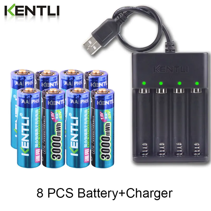 8pcs KENTLI AA 1,5 V 3000mWh литий-ионная аккумуляторная батарея+ 4 канала литий-полимерный литий-ионный аккумулятор батареи зарядное устройство - Цвет: 8pcs