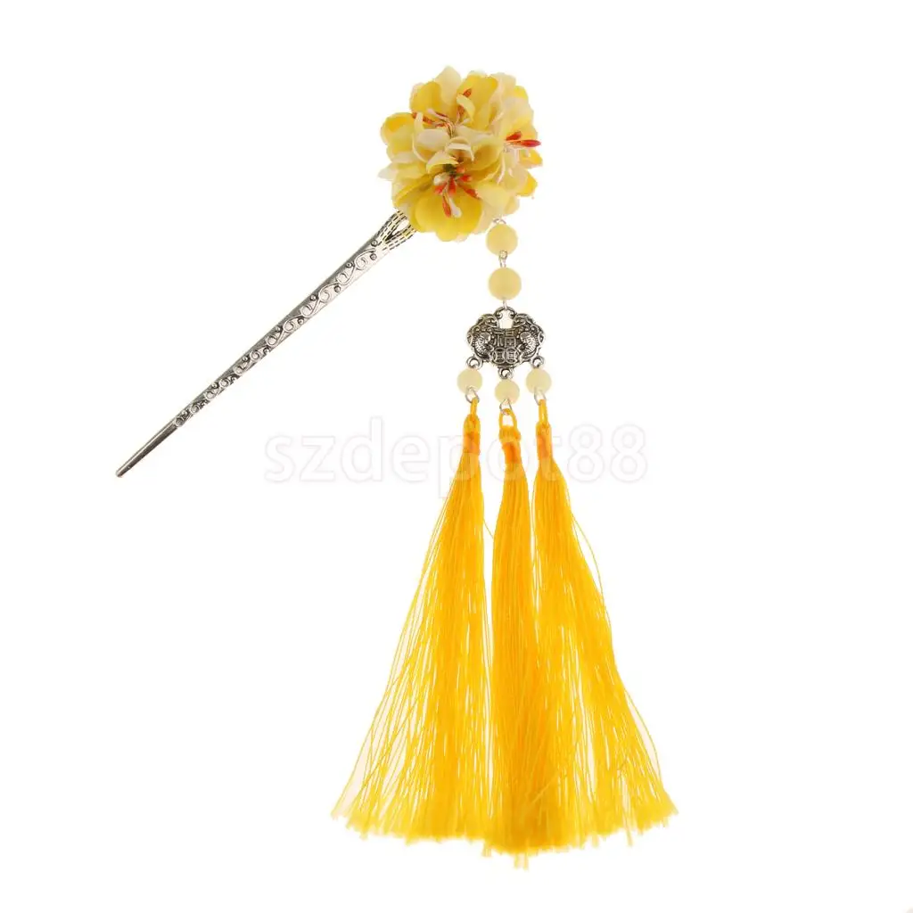 Yellow Заколка для волос с цветами Kanzashi Tassel Chignon Винтаж для кимоно Hanfu - Цвет: Yellow