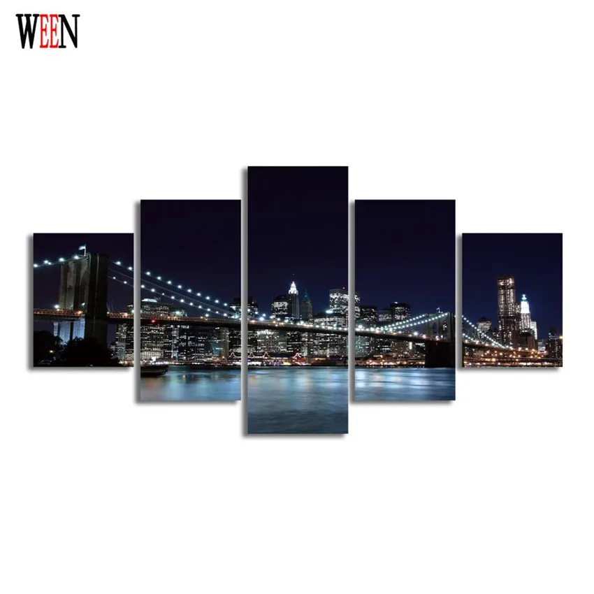 Ночной город холст искусство 5 шт. мост куадро декорацион винтажные современные