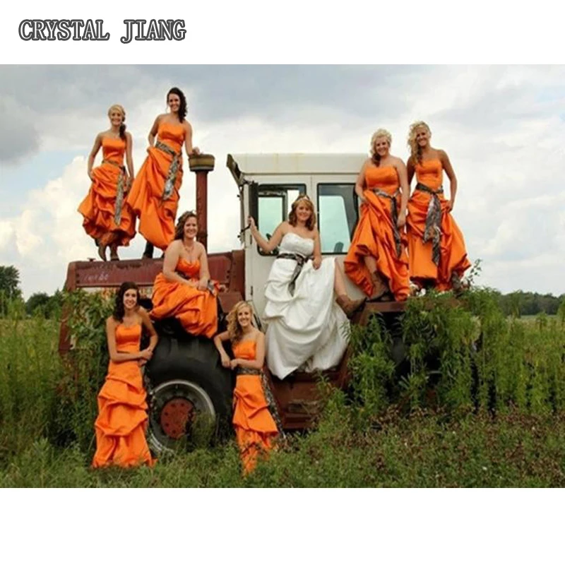 

Camo Bridesmaid Dresses Long Hunter Orange Pick-up Gown For Fall Wedding