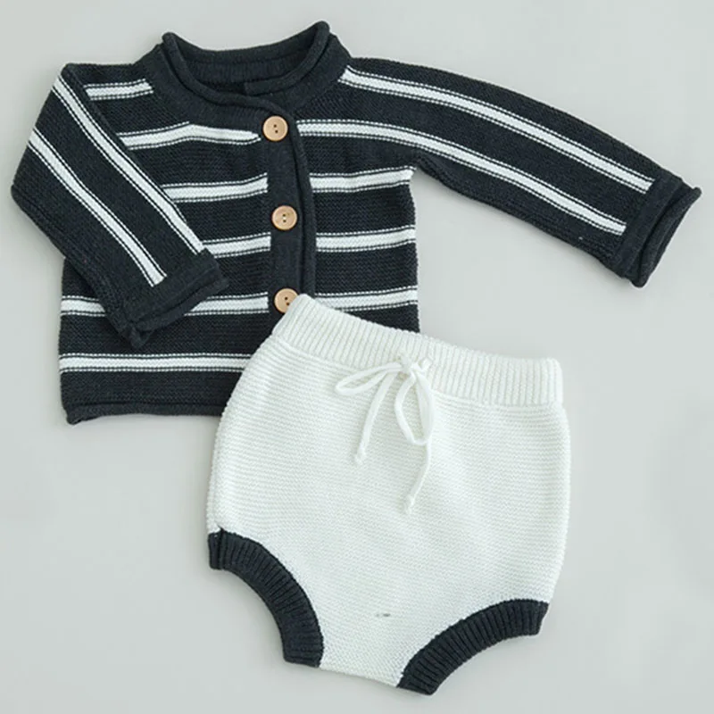2019 Spring Autumn Girls Boys Horizontal Stripes Cardigan Coat + Shorts Kids Clothes Outfits Suits Children Clothing Sets | Детская