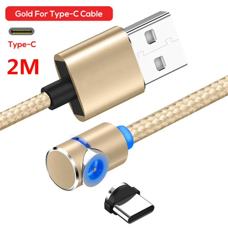 Магнитный круглый светодиодный кабель type C USB-C для samsung huawei P20 P10 P9 Xiaomi Mi4C 2 м, кабель для быстрой зарядки, зарядное устройство, вращение на 360 градусов - Тип штекера: 2M Gold TypeC Cable