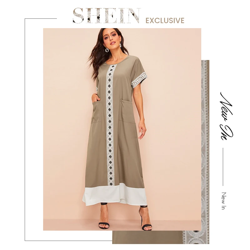 SHEIN Платье С Карманом И Кружевной Аппликацией, Стильное Платье С Коротким Рукавом