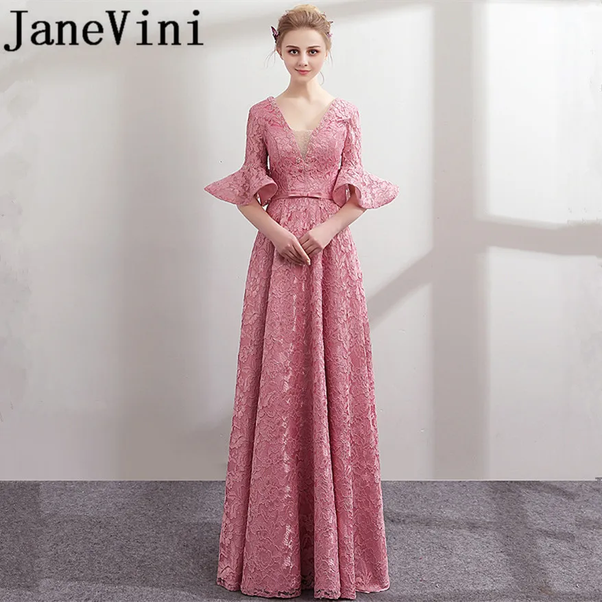 

JaneVini Dusty Pink Half Sleeve Bridesmaid Dresses Long 2019 Lace Beaded V-Neck Formal Gown Wedding Guest Party Dress for Women