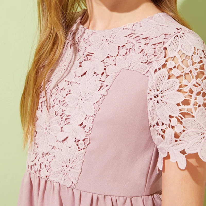 SHEIN Kiddie розовый гипюр кружева аппликация девушки милое платье Лето короткий рукав Высокая талия длинные расклешенные платья для подростков
