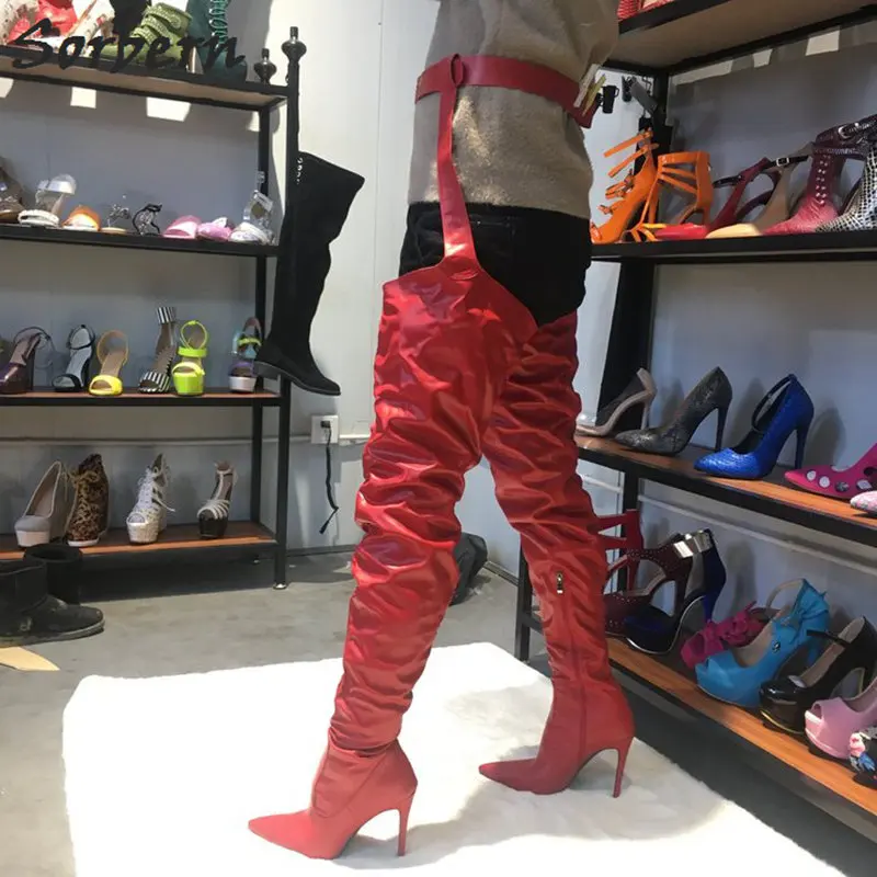 Женские сапоги выше колена Sorbern красные на высоком каблуке с поясом новинка 2019 |