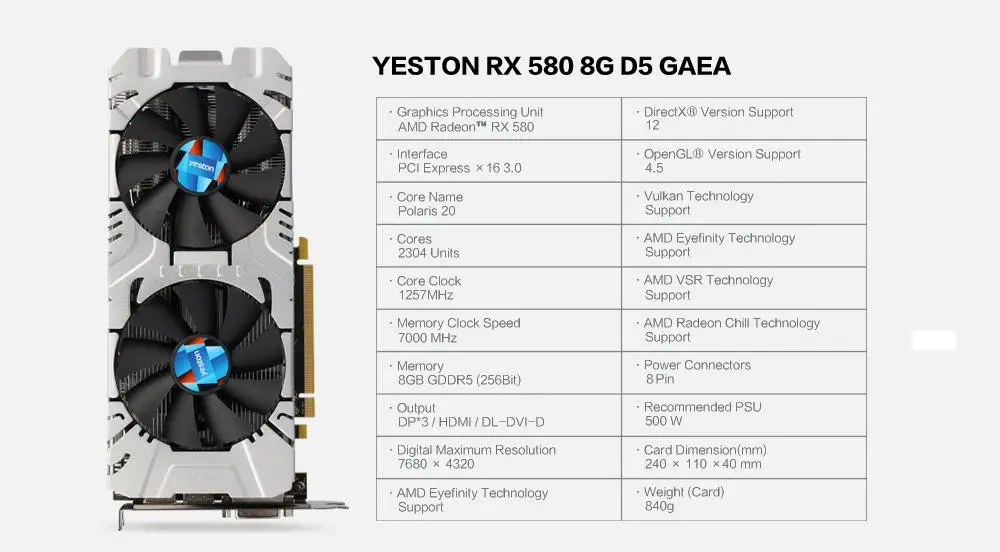 Yeston Radeon RX580 8 ГБ GDDR5 PCI Express x16 3,0 видеоигровая видеокарта внешняя видеокарта для рабочего стола