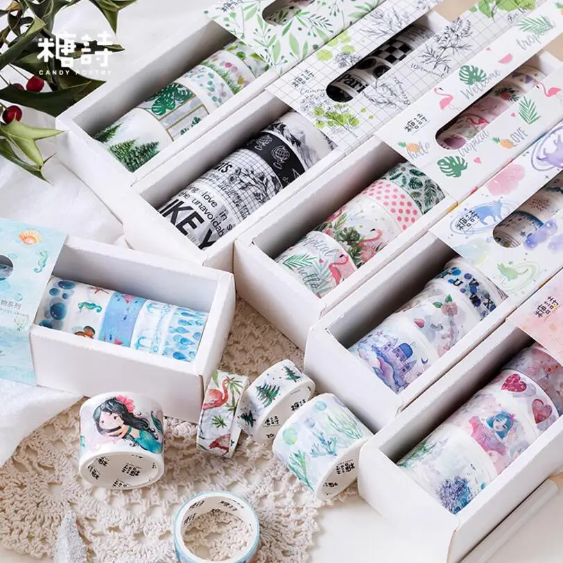 10 Pcs/lot Decorative Paper Plants and Pink Flamingo Washi Tape Set Japanese Stationery Kawaii Scrapbooking Supplies Stickers | Канцтовары