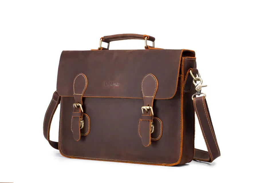 LAOSHIZI LUOSEN Men's Vintage Crazy Horse Leather Briefcase Messenger Shoulder Portfolio Laptop Bag Case Office Handbag