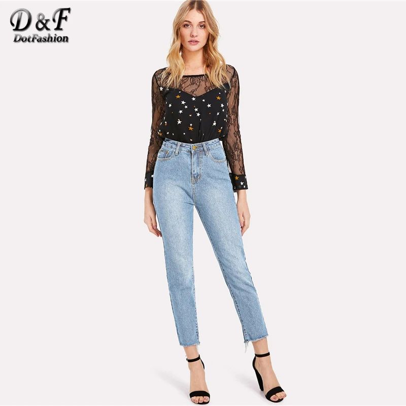 Dotfashion синие потертые джинсы с подолом женские осенние повседневные брюки с высокой талией Женская одежда весенние простые брюки в Корейском стиле