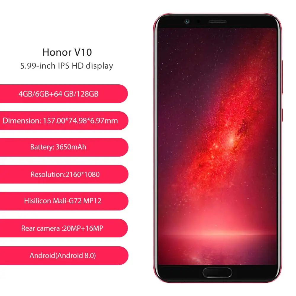 Global ROM huawei Honor V10 128 ГБ 20MP + 16MP двойной камеры заднего 3750 мАч 5 99 &quotOcta Core 4G LTE