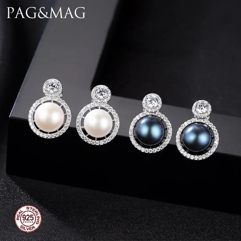 Бренд PAG& MAG, 8-8,5 мм, серьги из натурального пресноводного жемчуга, ювелирные изделия из 925 пробы серебра, серьги-гвоздики с цирконием для женщин