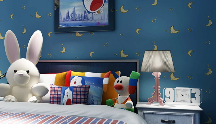 Children's room wallpapers for kids boy girl blue starry sky moon cartoon non-woven wall paper bedroom warm color household deco