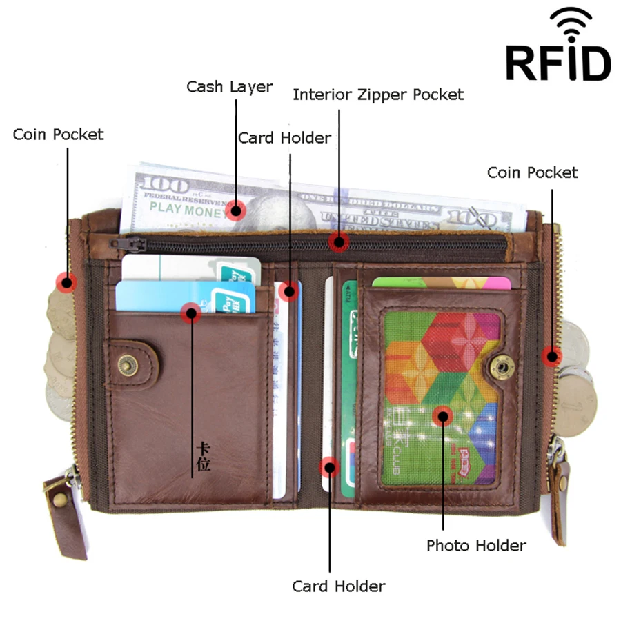 Винтажный кошелек на молнии из натуральной кожи Короткий Мужской RFID защита высокое качество держатель для