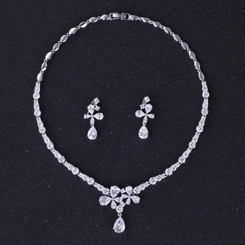 

2016 New Full Flower Pendent Necklace AAA+CZ White Snowflake Earrings For Women Fine Jewelry Sets Free Shipping