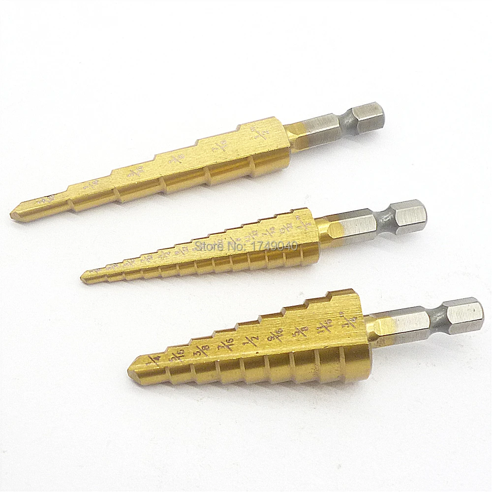 Ступенчатое сверло HSS с титановым покрытием 3 шт. конусное 3/16 &quot 1/2&quot 1/4 3/4&quot 1/8