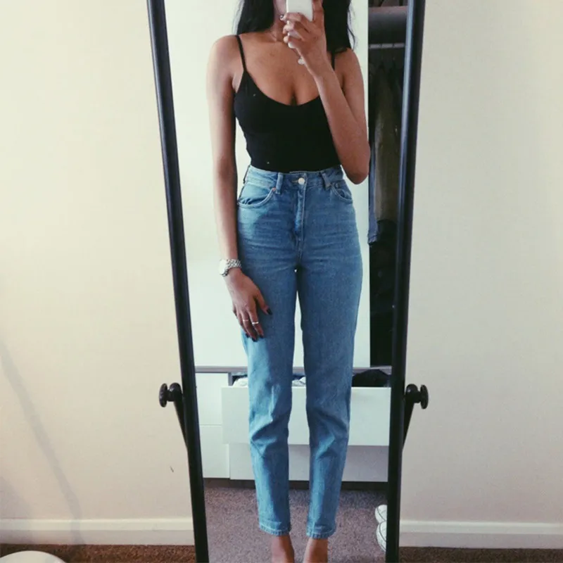 Korean Streetwear Denim Pants Ladies Blue Casual High Waist Slim Pencil Pants Retro BF Jeans for Women