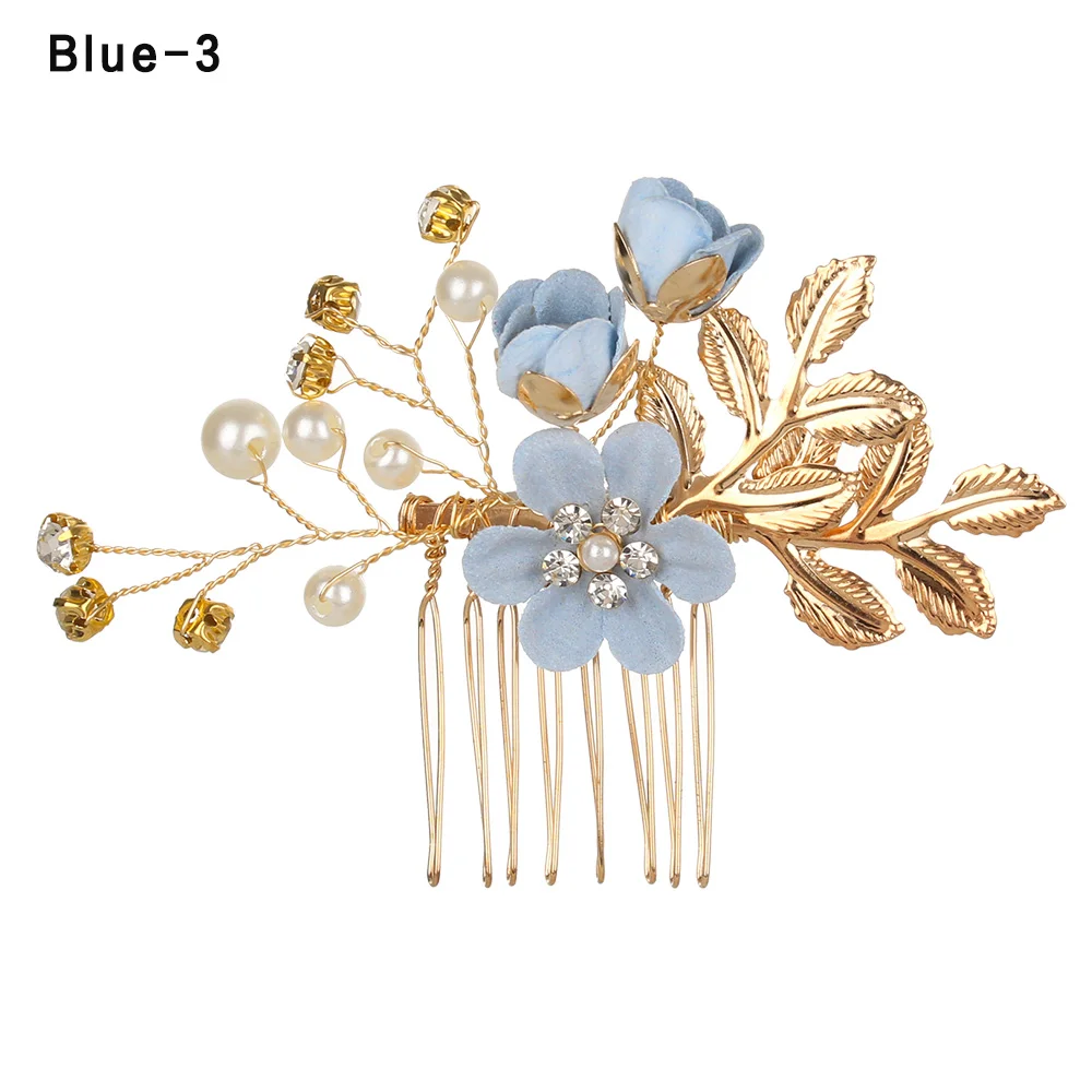 blue3 Популярные Роскошные голубые розовые цветочные расчески для волос, головной убор для невесты, свадебные аксессуары для волос, золотые листья, ювелирные украшения для волос, заколки для волос - Окраска металла: blue3