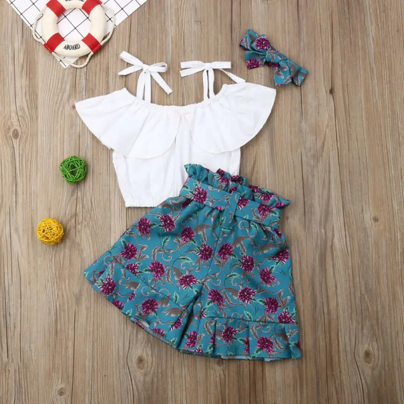 3PCS Toddler Kids Baby Girl Clothes Sling Ruffle Vest Tops Shorts Outfits Set Off-Shoulder | Детская одежда и обувь