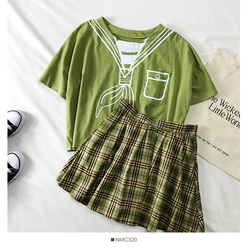 Heliar костюмы японского моряка мультяшный принт футболка и мини-юбка Harajuku Kawaii